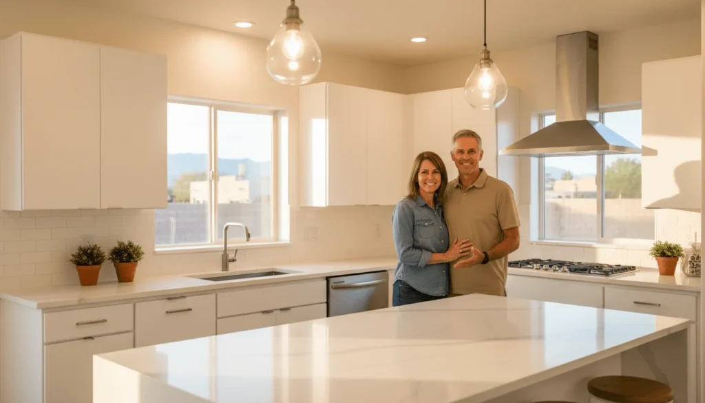 happy New Mexico homeowner couple standing in their newly remodeled modern kitchen